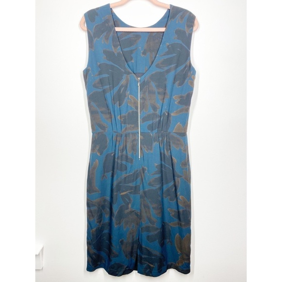 Pomandere Teal and Brown Sleeveless Silk Blend Knee Length Dress Size 8 - Picture 3 of 10